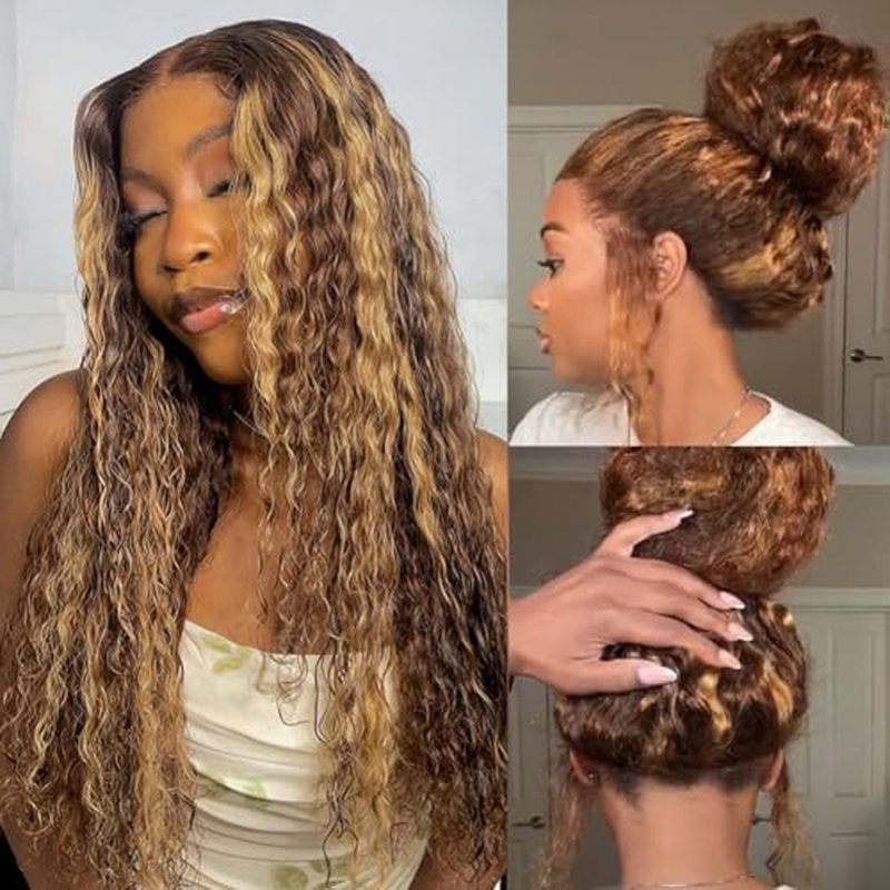 Highlight 360 Lace Front Wigs Human Hair Honey Blonde Deep Wave HD Lace Front Wigs Human Hair Pre Plucked Drawstring 360 Frontal Glueless Wigs 180 Density 4/27 Ombre Full Lace Wig 20 Inch