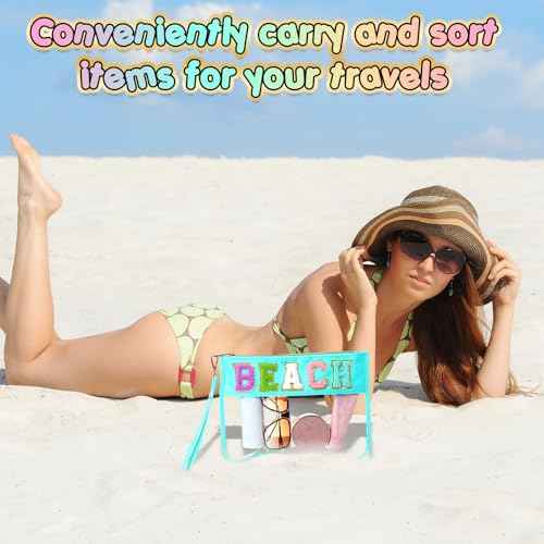 Abbylike 6 Pcs Chenille Letter Clear Zipper Pouch Summer Waterproof Cosmetic Pouch Travel Gym Beach Hawaii Bag Travel Patch Purse Makeup Letter Bag for Women Girls, 6 Colors(Charming Colors,Stylish)