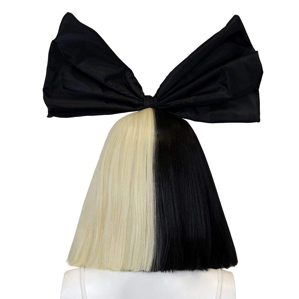 pureluca OFFICIALLY LICENSED Sia Costume Cosplay Wig Half Blonde Black 2 Tone Color Short Straight Bob Wig Synthetic Full Wigs with Big Bow Sia Style Wigs for Women Girls