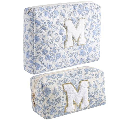 JOVAKIT Alphabet Makeup Bag Cosmetic Bag for Women, Christmas Gifts for Girls Age 6-18, Floral Flowers Coquette Travel Toiletry Zipper Make Up Pouch Organizer Trendy Stuff (2Pcs Blue Floral M)
