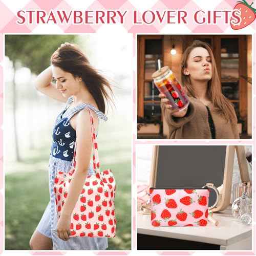 Strawberry Gift Set, Included 16oz Glass Cups with Lids and Straws Waterproof Travel Bag Pouch Strawberry Makeup Bag and Corduroy Tote for Women Christmas Birthday Mothers Day