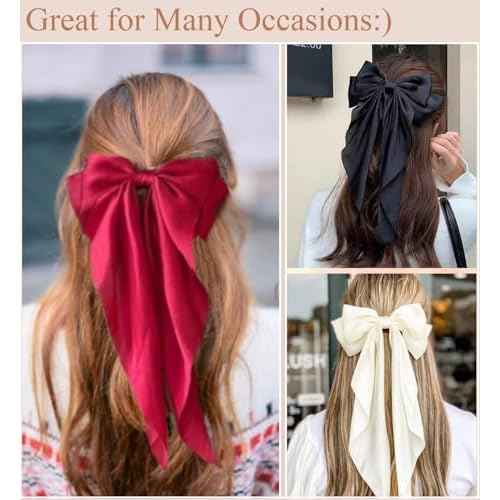 12PCS Hair Bows for Women Big Silky Satin Bow Clips with Long Tails Oversized, Cute Halloween Christmas Hair Accessories for Women, Aesthetic Large Ribbons Bow