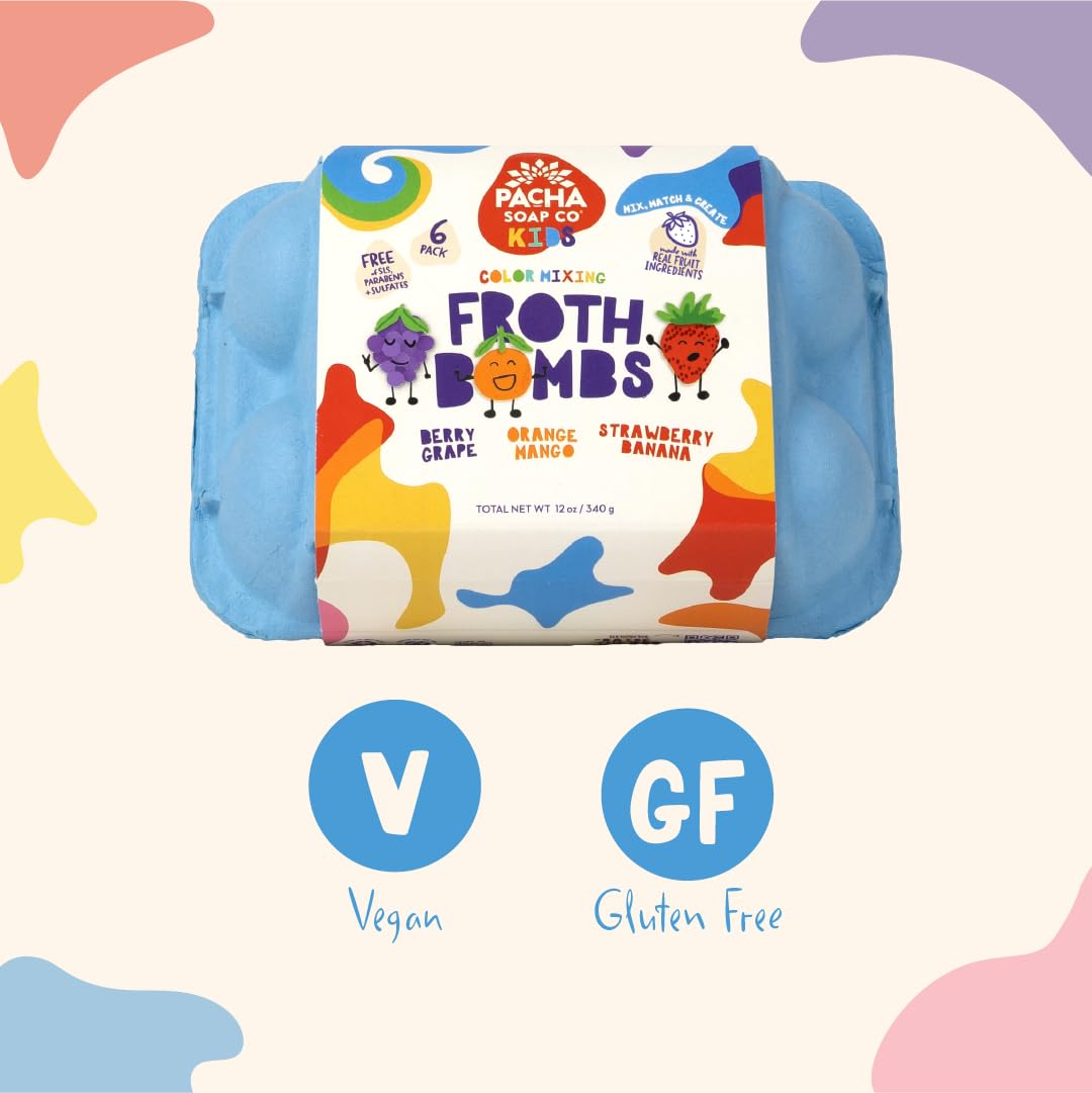 Pacha Soap Co. Kids Color Mixing Bath Bombs, Plant-Based, Made with Fruit, Non-Toxic, Vitamin-Rich Bath Bombs for Kids, Mix & Match Bath Color Tablets, Handcrafted and Made in USA, 2x6 Pks (12 Total)