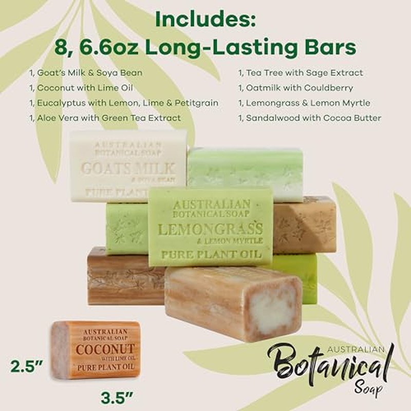 Australian Botanical Goat Milk Soap, 6.6 OZ Bars Eucalyptus, Sandalwood, Coconut, Oat Milk, Aloe Vera, Lemongrass, and Tea Tree, Goat Soap Enriched with Organic Shea Butter, Variety Pack of 8