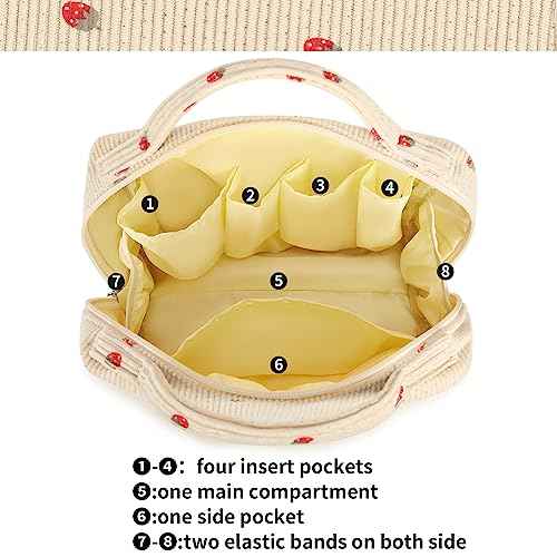 Bluboon Makeup Bag Zipper Pouch Travel Toiletry Bag Portable Cosmetic Bag Organizer for Women and Girls(Strawberry Corduroy Beige)