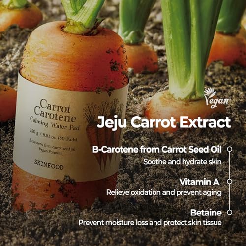 SKINFOOD Carrot Carotene Calming Water Toner Pads, Korean Skin Care Toner Pad for Face, Deep Hydrating, Soothing, After Sun Skincare for Sensitive Skin, Redness Relief, 100% Cotton, 8.81 oz (60 Pads)