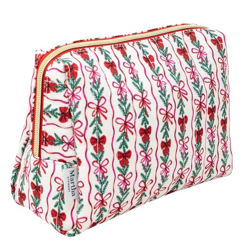 Martha Stewart Festive Quilted Makeup Bag, Compact Cosmetic Organizer for Women, Small Zipper Pouch with PVC Lining, 8.75" x 4" x 6" (Holiday Bow Stripe)