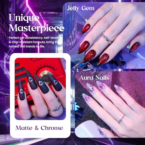 Beetles Jelly Gel Nail Polish Set - Jelly Magic Gel Polish, 6 Colors Pink Red Black Blue Green Purple Halloween Fall Gel Polish Kit Sheer Translucent Effect Soak Off UV Manicure DIY Gift for Women