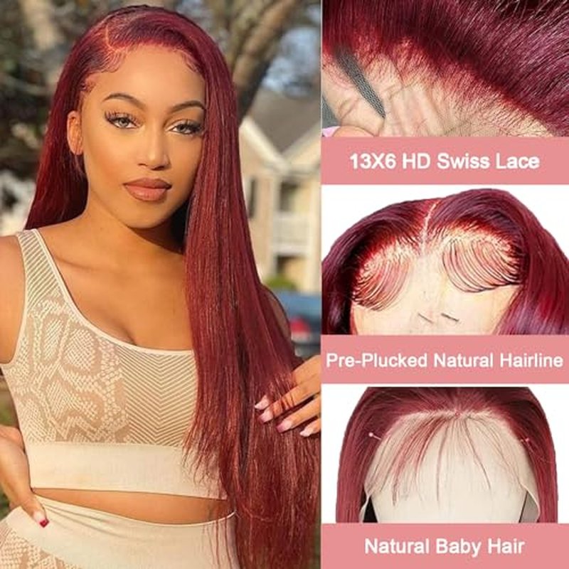 LICHANG 99J Straight Lace Front Wigs Human Hair Red Colored Wig Pre Plucked with Baby Hair for Black Women, 13x6 Burgundy Lace Frontal Wig Brazilian Virgin Human Hair Glueless 24 Inch