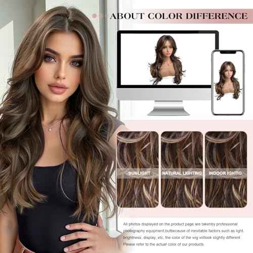 Aisaide Highlight Honey Brown Mix Dark Blonde Long Wavy Wig Layered with Curtain Bangs for Black Women Synthetic Highlight Brown Layered Wig Long Wavy Shaggy for Women 24inch