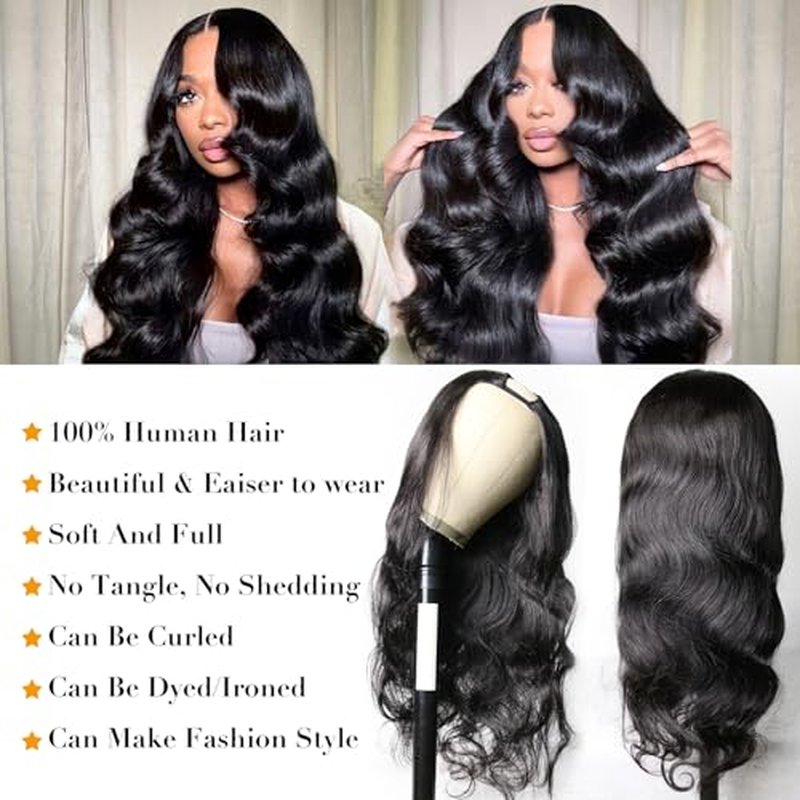 U Part Human Hair Wig Body Wave for Women Brazilian Remy Upart Human Hair Wig Beginner Friendly No Sew in NO Glue 200% Density Natural Color 22Inch