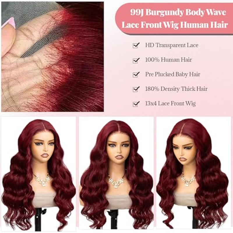 Munx Burgundy Human Hair Wigs for Black Women 13x4 99j Colored Pre Plucked Lace Front Wigs Human Hair Thick 180 Density Glueless Wine Red Body Wave Wig Bleached Knots with Baby Hair 30in