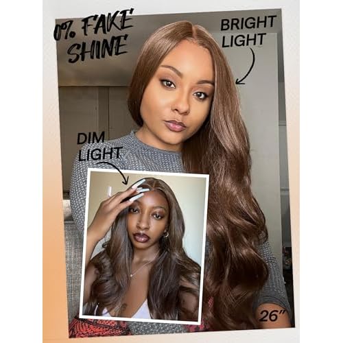 GORGIUS Chestnut Brown Loose Wavy Lace Front Wig Glueless Pre Plucked Middle Part Long Synthetic Wig For Women 28 Inch