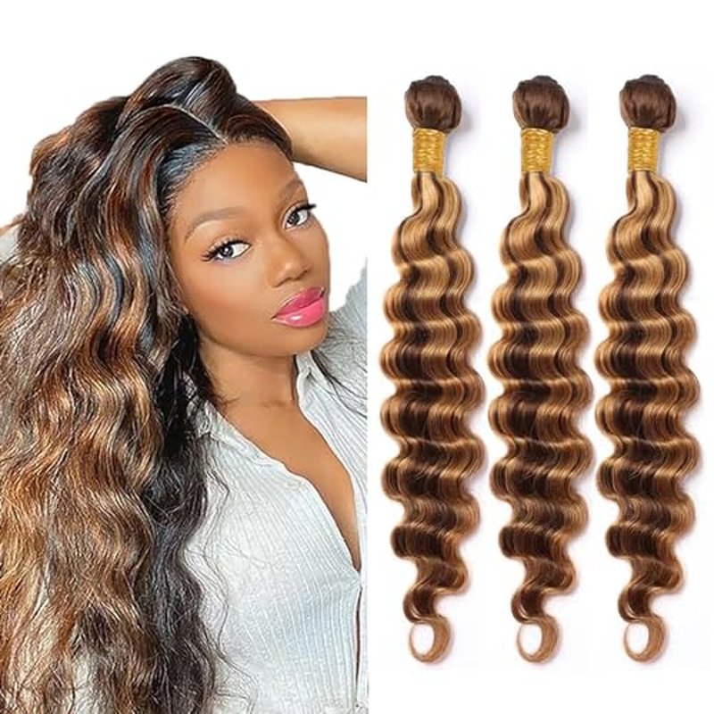 P427 Human Hair Highlight Deep Wave Bundles 26 28 30 inch Double Weft Brazilian Hair Extensions Ombre Two Tone Blonde Mixed With Brown Deep Curly Wet and Waye Bundles for Women