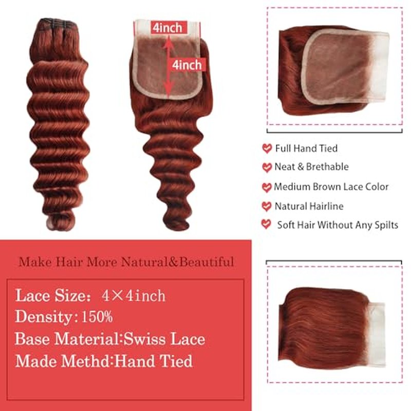 Loose Deep Wave Bundles Human Hair with Closure, 12a Reddish Brown Bundles with 4x4 Lace Closure 33# Copper Red Bundles Human Hair (Loose Deep Wave 14 16 18+14free)