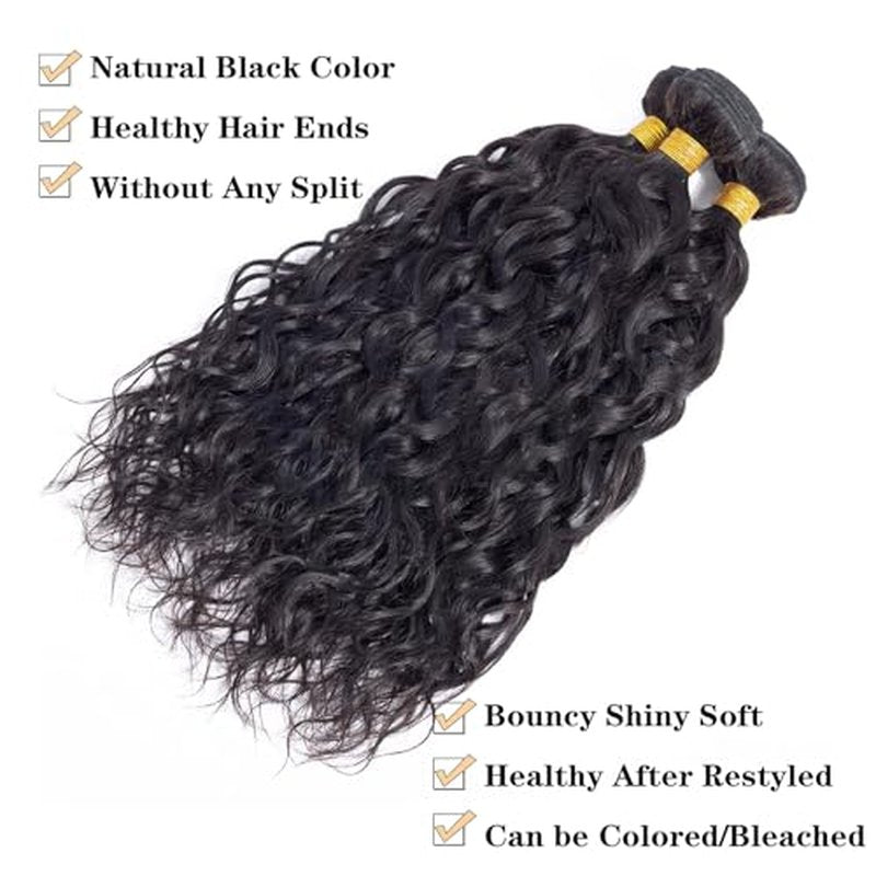 12A Water Wave Bundles with Closure Human Hair (12 14 16+10") 100% Unprocessed Virgin Brazilian Human Hair Wave 3 Bundles with 4¡¿4 Lace Closure Natural Color