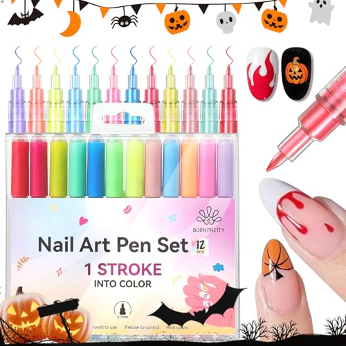 BORN PRETTY Nail Art Pens Set 12 Colors - Halloween Neon Colors 3D Nail Polish Acrylic Paint Pens Quick Dry Nail Markers for Halloween Nail Art Drawing Painting Dotting Liner Pen DIY Manicure Tools