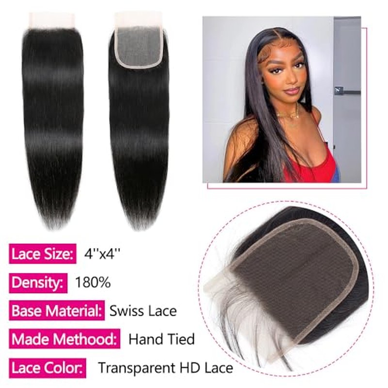 12A Straight Bundles with Closure Human Hair 18 20 22+16 Inch 100% Unprocessed Virgin Brazilian Straight Human Hair Weave 3 Bundles Deals with 4x4 HD Lace Closure
