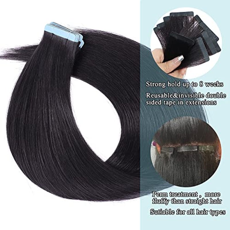 40 PCS Tape in Hair Extensions Human Hair Black Women Yaki Straight Tape in Extensions Human Hair 20 Inch Light Yaki Invisible Skin Weft Double Sided Tape Remy Hair Extensions Natural Black Color