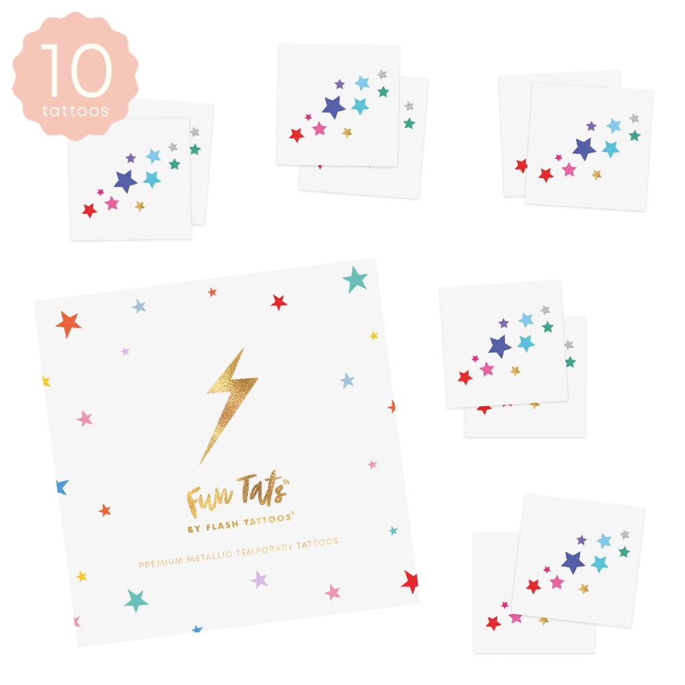 RAINBOW DELIGHT STARS set of 10 premium waterproof metallic foil temporary Flash Tattoos - Party Favors, temporary tattoo, rainbow tattoo, star tattoo, face jewels