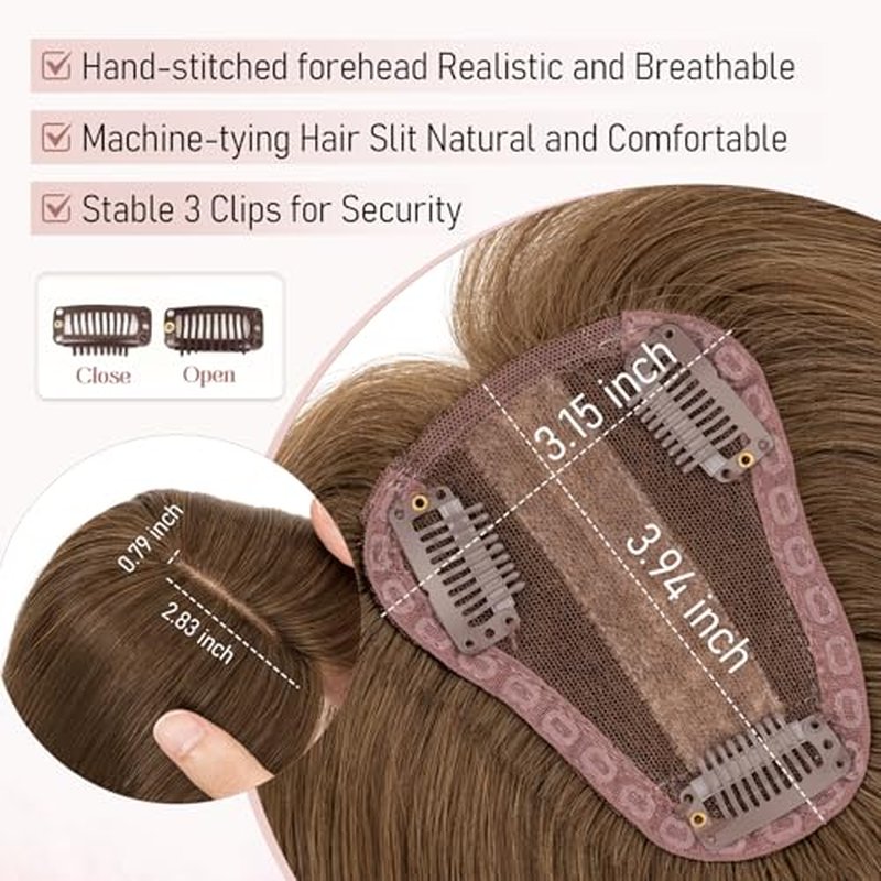 Hairro Real Human Hair Toppers, Clips in 100% Human Hairpieces for Women, 3.15"x3.94" Silk Base for Covering Thinning/Greyish Hair on Top, 12 Inch Brunette Coffee Brown