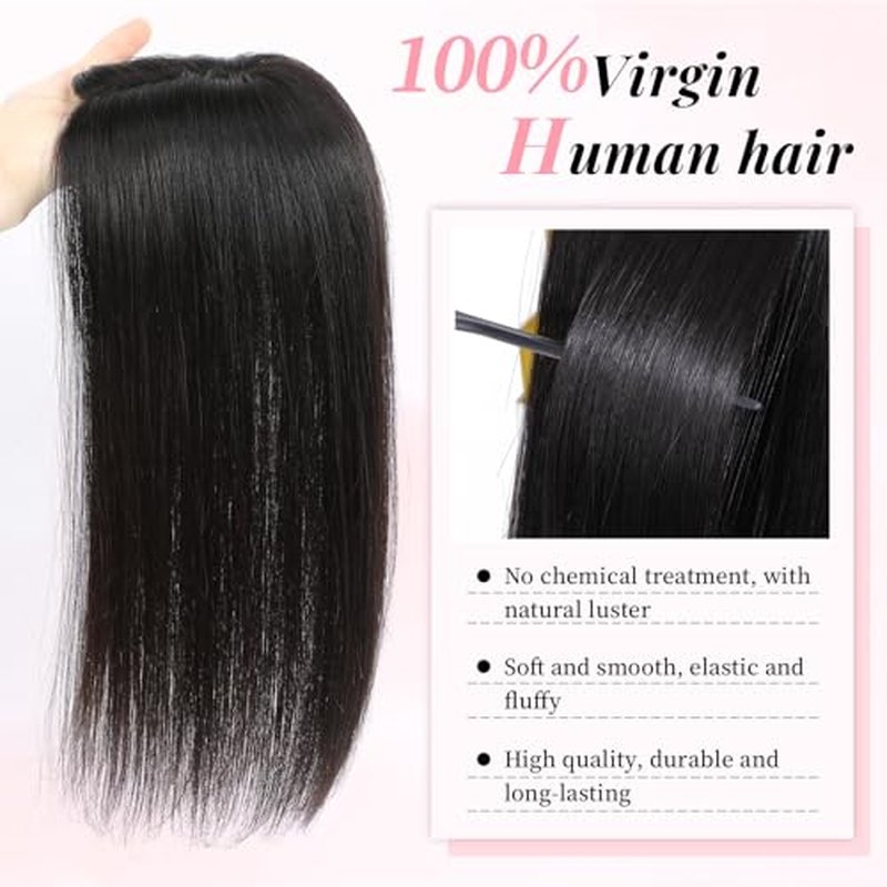 Fine Plus 14Inch Hair Toppers for Women Real Human Hair ? Mono Base 3"x5", Natural Black Virgin Quality, for Thinning Crown & Wide Parting, Lightweight & Breathable, Add Volume Can Be Curled