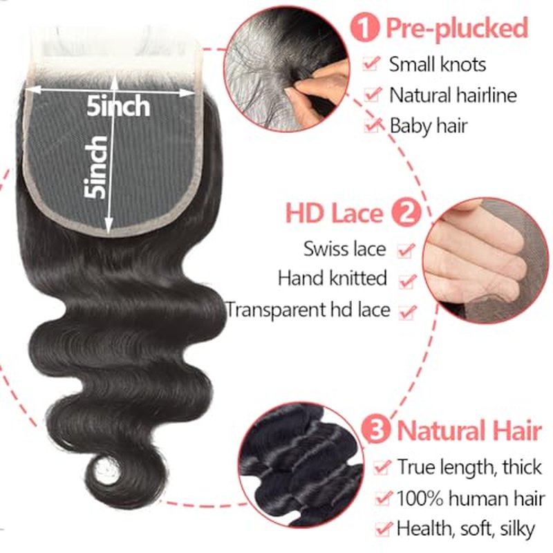 Bundles with Closure Human Hair (18 20 22+16) Body Wave 3 Bundles with 5x5 HD Closure 100% Human Hair 12A Unprocessed Virgin Hair Natural Black