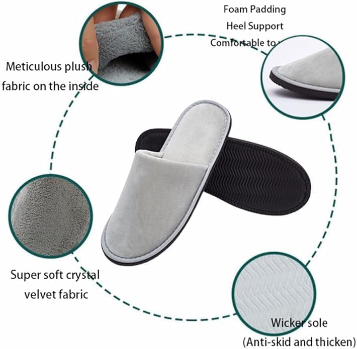 SIMEIER Gray Spa Slippers - 6 Pairs Disposable & Reusable Non-Slip Cotton Guest Slippers | Soft & Comfortable for Home, Gym, Bridal Party