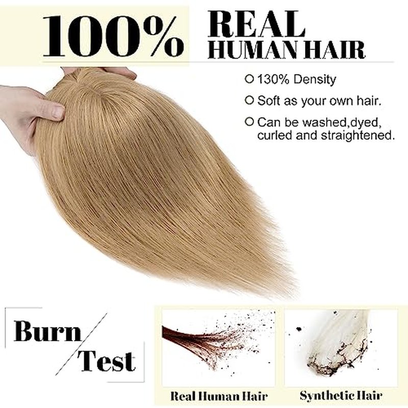 SEGO Hair Toppers for Women With Bangs Real Human Hair, 130% Density 10 * 12CM Silk Base Clip in Top Wiglet Hairpieces for Thinning Hair-12 Inch 27 Dark Blonde
