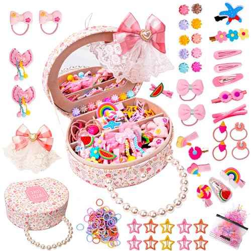 Girls Jewelry Set with Hair Accessories: Clips, Barrettes, Ties, Bows, and Round Jewelry Box - Christmas Gift for Ages 3-12