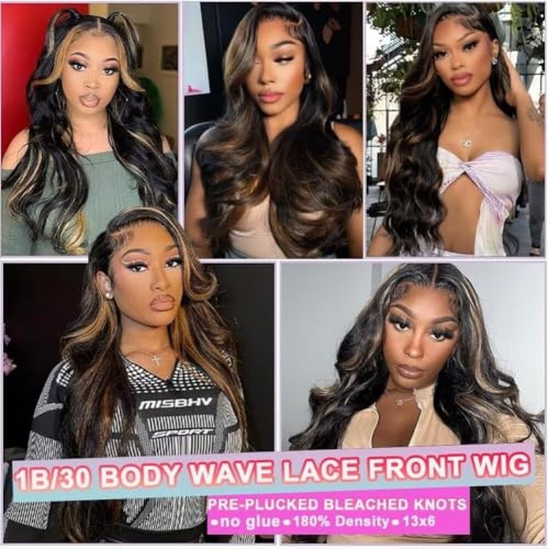 Ombre Highlight Lace Front Wigs Human Hair 13x6 Body Wave 1B/30 Lace Front Wig 180% Density HD Transparent Lace Frontal Wigs Human Hair Balayage Wig for Black Women 18 inch