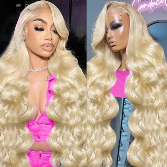 613 Blonde Wig Human Hair, 28-Inch Body Wave 13x6 HD Lace Front Wigs Pre Plucked Long Wavy Hair for Black Women 200% Density Glueless