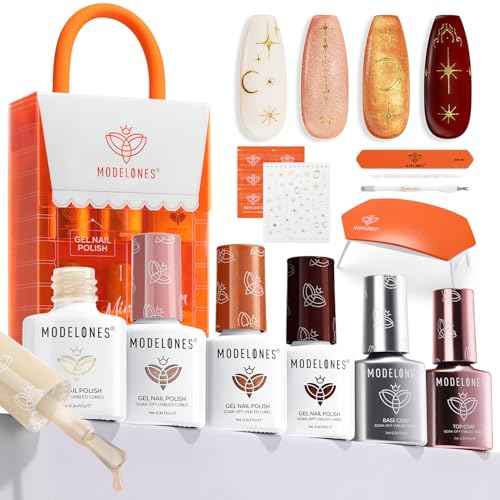 Modelones Gel Nail Polish Kit with UV Light, Milky White Nude Glitter Pink Red Gold Fall Metallic Manicure Set with Base Top Coat Star Stickers 4 Colors Gel Mini Salon Nail Art Gift for Women Girl