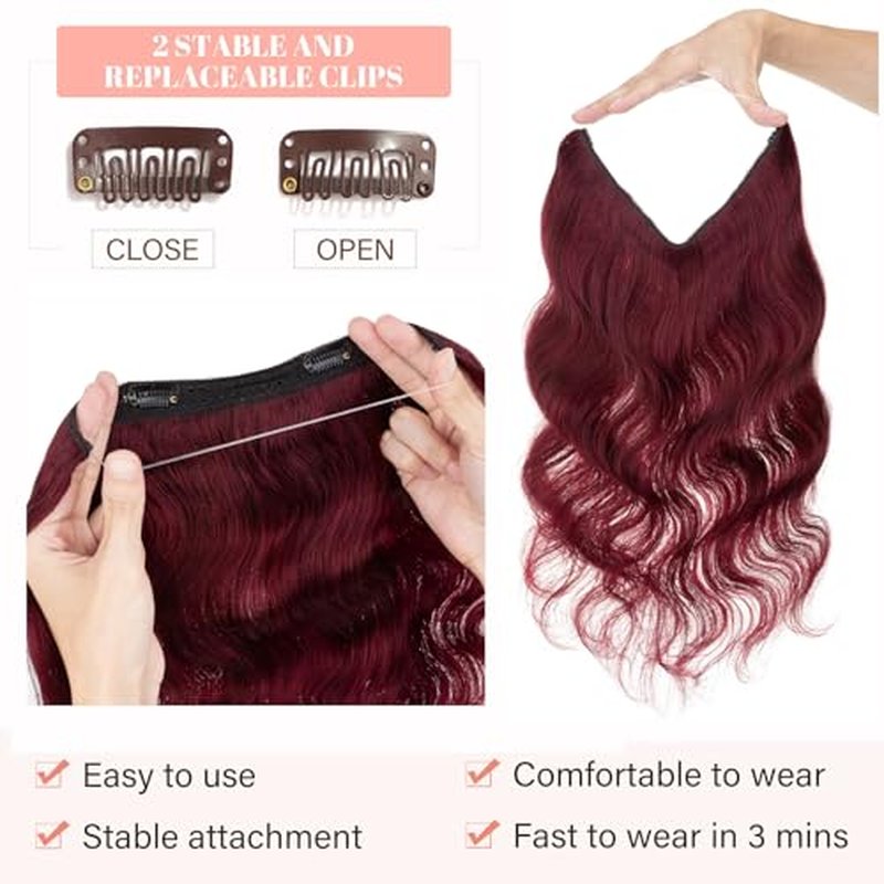 Rich Choices Halo Hair Extensions Real Human Hair Remy Hairs Halo Extension for Women Invisible Wire One Piece Clip in Hairpiece 18 Inch Wavy-#99J Burgundy Red