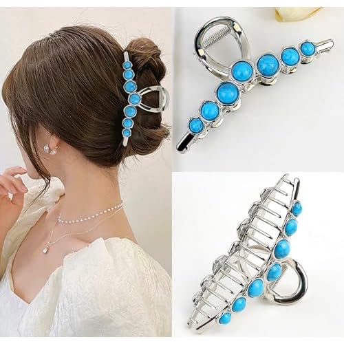 SINIDE Turquoise Blue Stone Hair Claw Clips, Large Metal Retro Bowknot Claw Clip for Women Strong Hold Non-Slip Catch Barrette Jaw Clamp for Long Thick Hair, Fashion Styling Accessories (2 Pack)