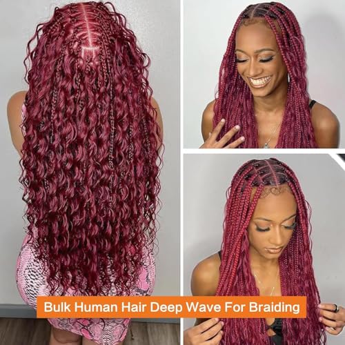Human Braiding Hair for Boho Braids 18inch Deep Wave Bulk Human Hair for Braiding Knotless 12A 100% Unprocessed Brazilian Virgin Hair Extensions Bulk Bohemian 2 Bundles 99J Color