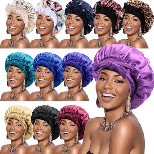 Geyoga 12 Pcs Sleep Bonnet Bulk Satin Bonnets for Sleeping Silk Hair Bonnet for Sleeping Women Large Silk Bonnets for Black Women with Elastic Band for Hair Care