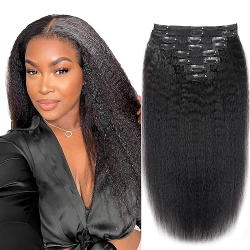 Seamless Clip in Hair Extensions Real Human Hair Kinky Straight Clip ins Brazilian Virgin Human Hair Extensions for Women 8Pcs PU Clip in Remy Hair Skin Weft 18Clips 120g (26inch,Natural Black)