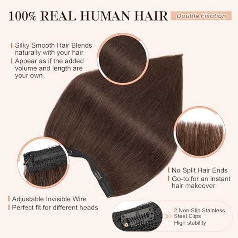 Halo Hair Extensions Real Human Hair,S-noilite Halo Hair Extensions,Halo Hair Extension for Women,100% Human Hair Halo Extensions,Halo Hair 65g/18inch 02 Dark Brown