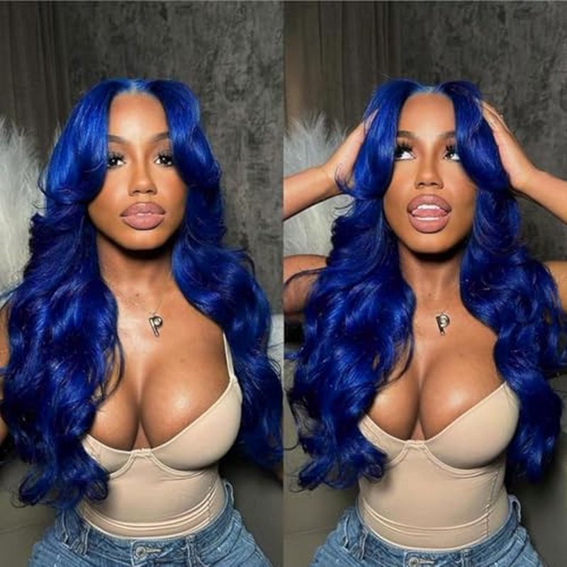 Blue 9x6 Body Wave Lace Front Wigs Human Hair Pre Plucked With Baby Hair 200% Density Dark Blue Human Hair Pre Cut For Women HD Transparent Lace Frontal Colored Wigs 20 Inch