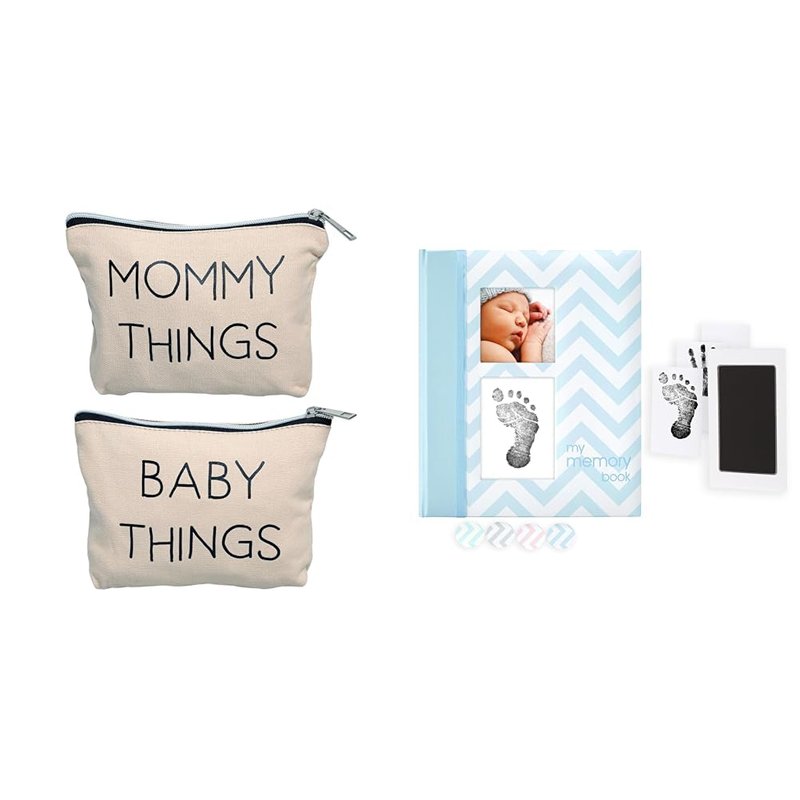 Bundle of Pearhead Mommy and Baby Travel Pouch + Pearhead Baby Memory Book, Blue Chevron