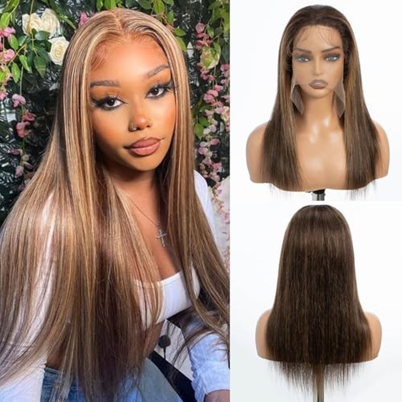 D?BUT Ombre Highlight Brown Glueless Wigs Human Hair Pre Plucked Straight Hair Lace Front Wigs 5x5 HD Lace Closure Wig for Women Daily Use 18 Inches