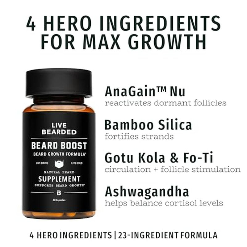 Live Bearded Beard Boost - Beard Growth Vitamins for Men with Biotin, Collagen, Silica, Fo-Ti Root - Facial Hair Growth for Men, Made in The USA | 90-Day Supply