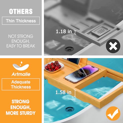 Artmalle Bathtub Caddy Tray for Tub, Expandable Bamboo Bath Table Tray with Book Stand for Home Spa Relaxing, Foldable Minimalist Bathroom Accessories for Women Men (Simple, Natural) (Natural)