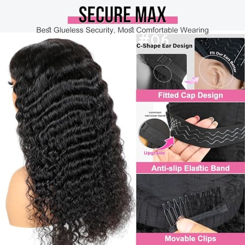 BLY Glueless Wigs Human Hair 9x6 M-Cap Wig Max Parting HD Lace Pre Cut Wig for Women Pre Plucked, Bleached Tiny Knots Deep Wave Curly Lace Front Wigs Wear Go 180% Density 18 Inch