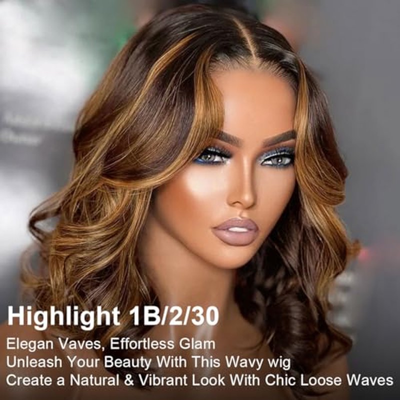 RECOOL Highlight Wig Human Hair Loose Body Short Bob Wig Human Hair Ombre Short Bob Wigs For Black Women 5x6 HD Glueless Wigs Human Hair Pre Plucked Pre Cut Bleached Knots 1B/2/30 Mixed Color Wig