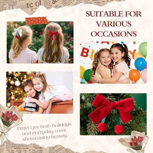 Bessrung 4 PCS Velvet Cherry Hair Bows for Girls, Bow Hair Clips, Red White Hair Ribbon with Alligator Hair Clips, Cute Girls Hair Accessories for Toddlers Kids Teens Christmas Gifts