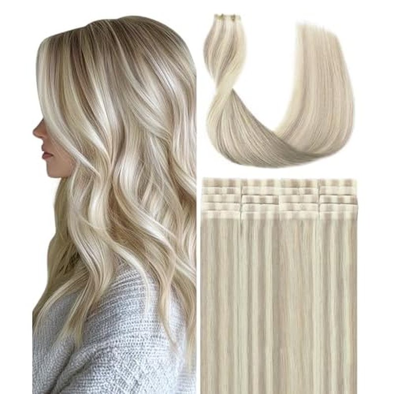 SURNEL Injected Tape in Hair Extensions 20Inch #18P60 Ash Blonde with Platinum Blonde Human Hair Seamless Invisible Tape in Extensions 20 Pcs 45g(#18P60,20)