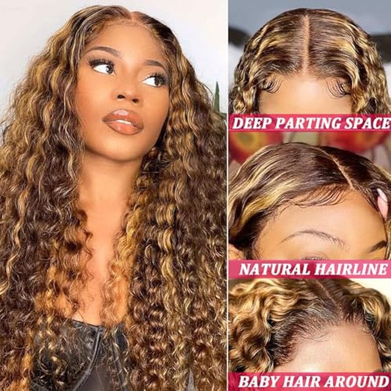 Ombre Lace Front Wig Human Hair 180% Density 4/27 Honey Blonde 13x6 Deep Wave Lace Front Wigs Wet and Wavy Curly Glueless Wigs Human Hair Pre Plucked with Baby Hair(Highlight, 24 Inch)