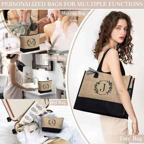 YOOLIFE Personalized Gifts for Women - Initial Jute Tote Bag & Makeup Bag, Birthday Gifts for Women Mom Wife Teacher Friend